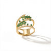 14Kt yellow gold multi-band ring with scattered emeralds and brilliant diamonds.