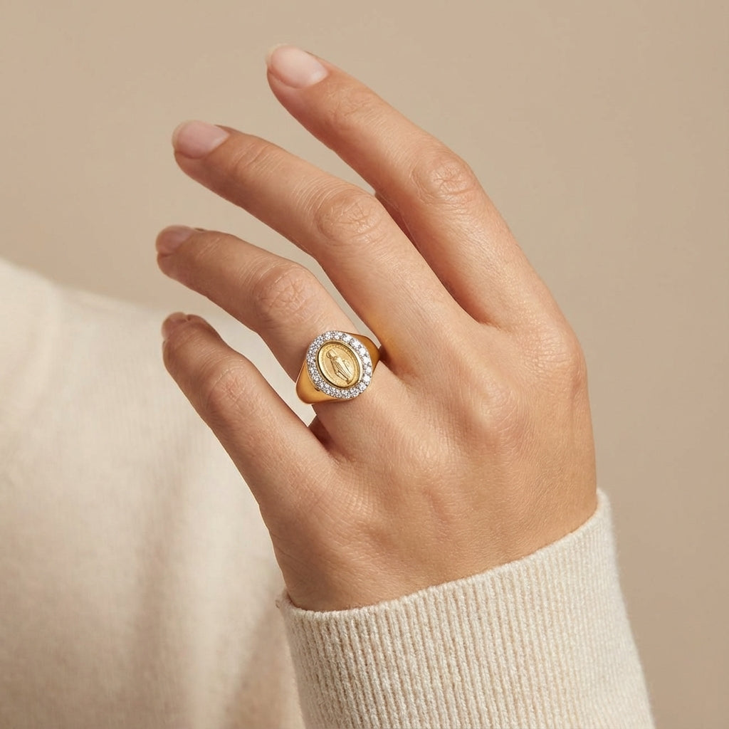 14Kt gold miraculous medal signet ring with diamond halo, religious women's fine jewelry, meaningful gift photography by Morelove Designs