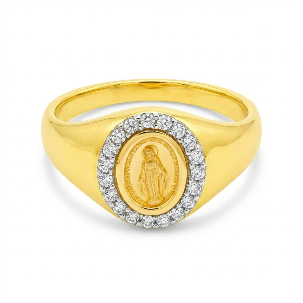 14Kt gold miraculous medal signet ring with diamond halo, religious women's fine jewelry, meaningful gift product photo by Morelove Designs
