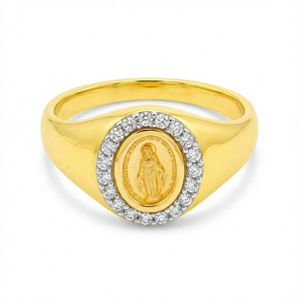 14Kt gold miraculous medal signet ring with diamond halo, religious women's fine jewelry, meaningful gift product photo by Morelove Designs