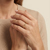 Everyday fine jewelry: 14 karat gold spiritual ring, featuring a rosary bead design and a subtle cross.