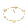 14Kt gold bracelet with three heart charms and two bezel-set diamonds, dainty luxury jewelry for women. product photo by Morelove Designs
