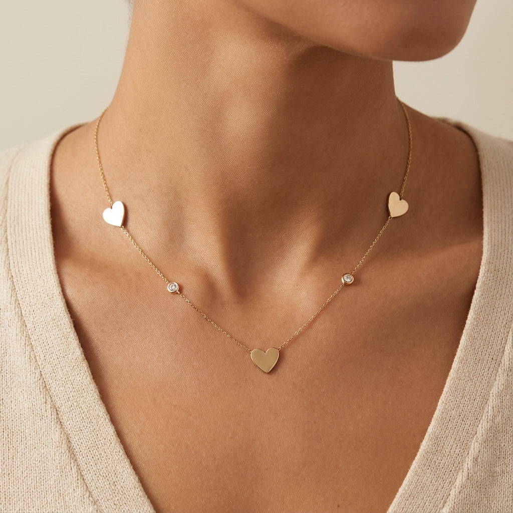 14Kt gold necklace with three heart charms and two bezel-set diamonds photography by Morelove Designs
