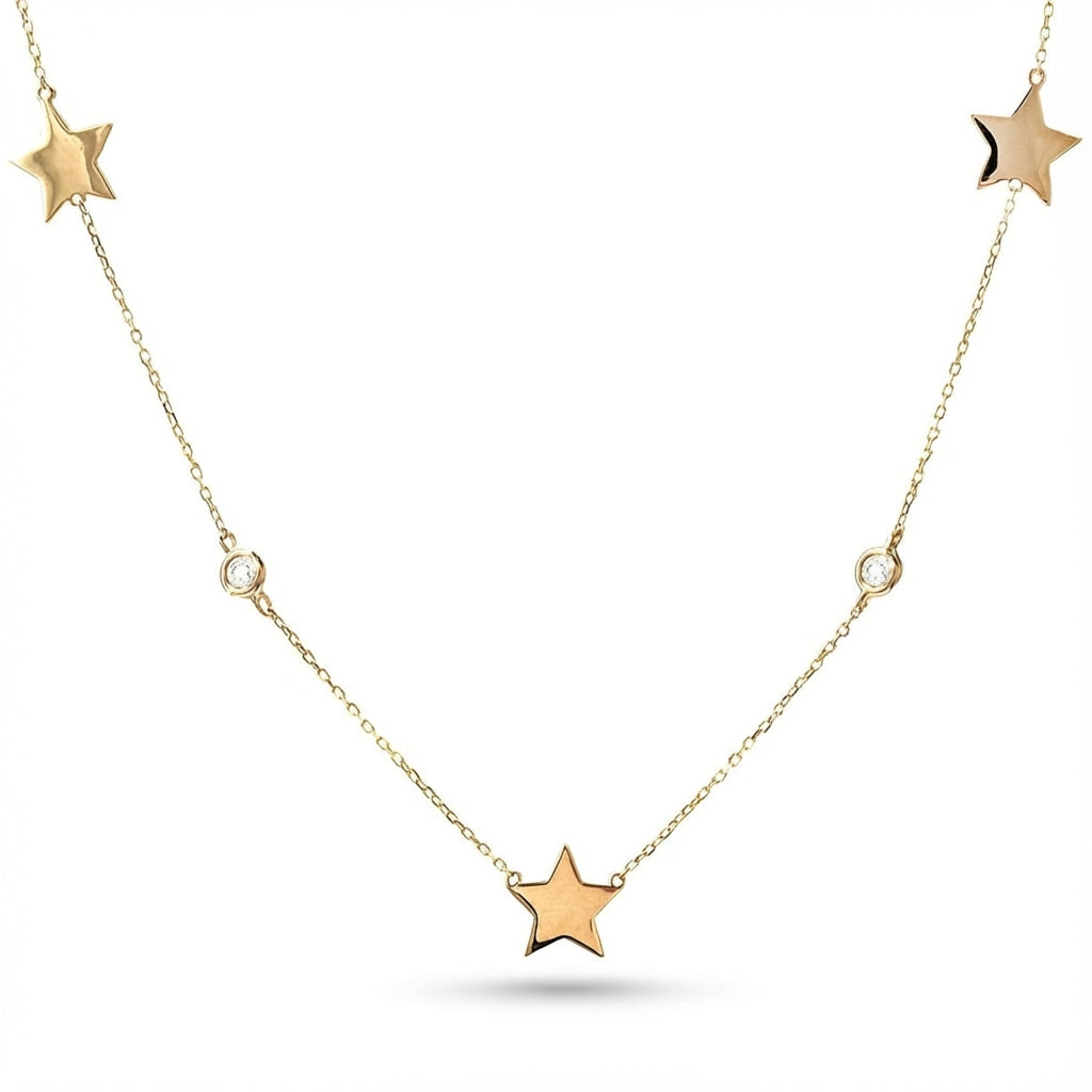 14Kt gold necklace with 3 star charms and diamond accents product photo by Morelove Designs