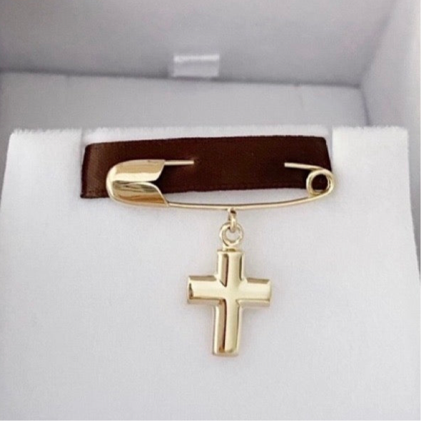 Safety Pin with Simple Cross in Gold 14Kt