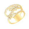 Elegant gold ring with emeralds and diamonds in a modern, celestial-inspired open-work design.