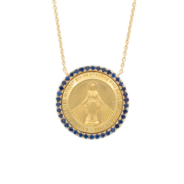 Luxury everyday fine jewelry: round diamond and 14K gold Miraculous Medal pendant.