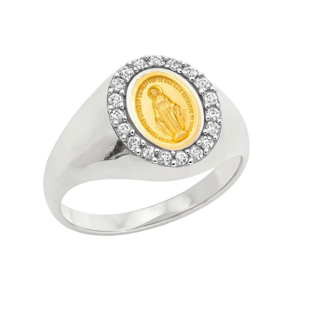 14Kt Gold Miraculous Medal Diamond Signet Ring
