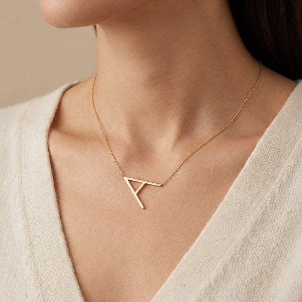 Jumbo Diagonal Initial Necklace in Gold 14Kt