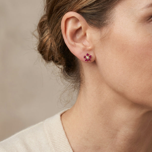 14kt Gold Ruby and Diamond Flower Stud Earrings