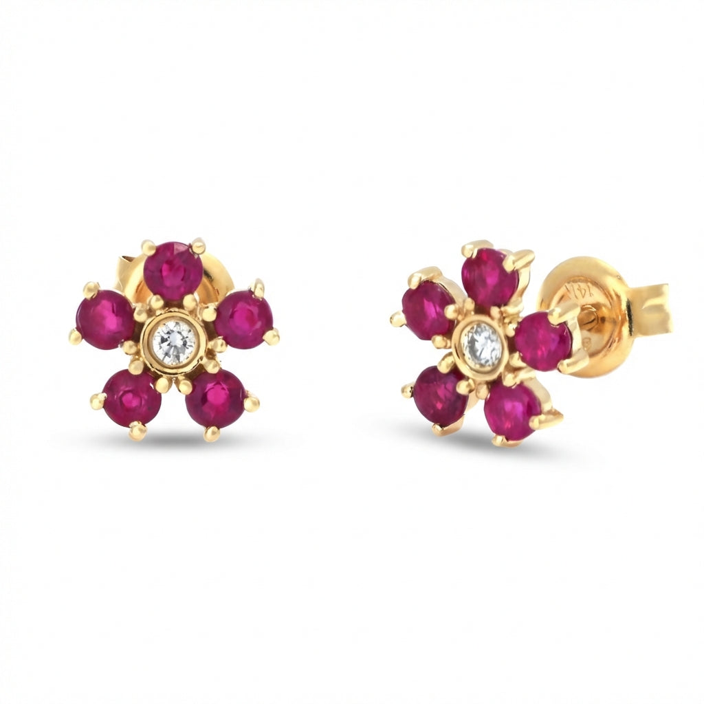 14kt Gold Ruby and Diamond Flower Stud Earrings