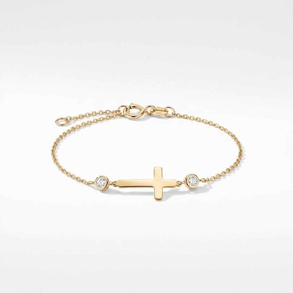 Single Cross Shaped Bracelet with Side Bezel Diamonds in 14Kt Gold