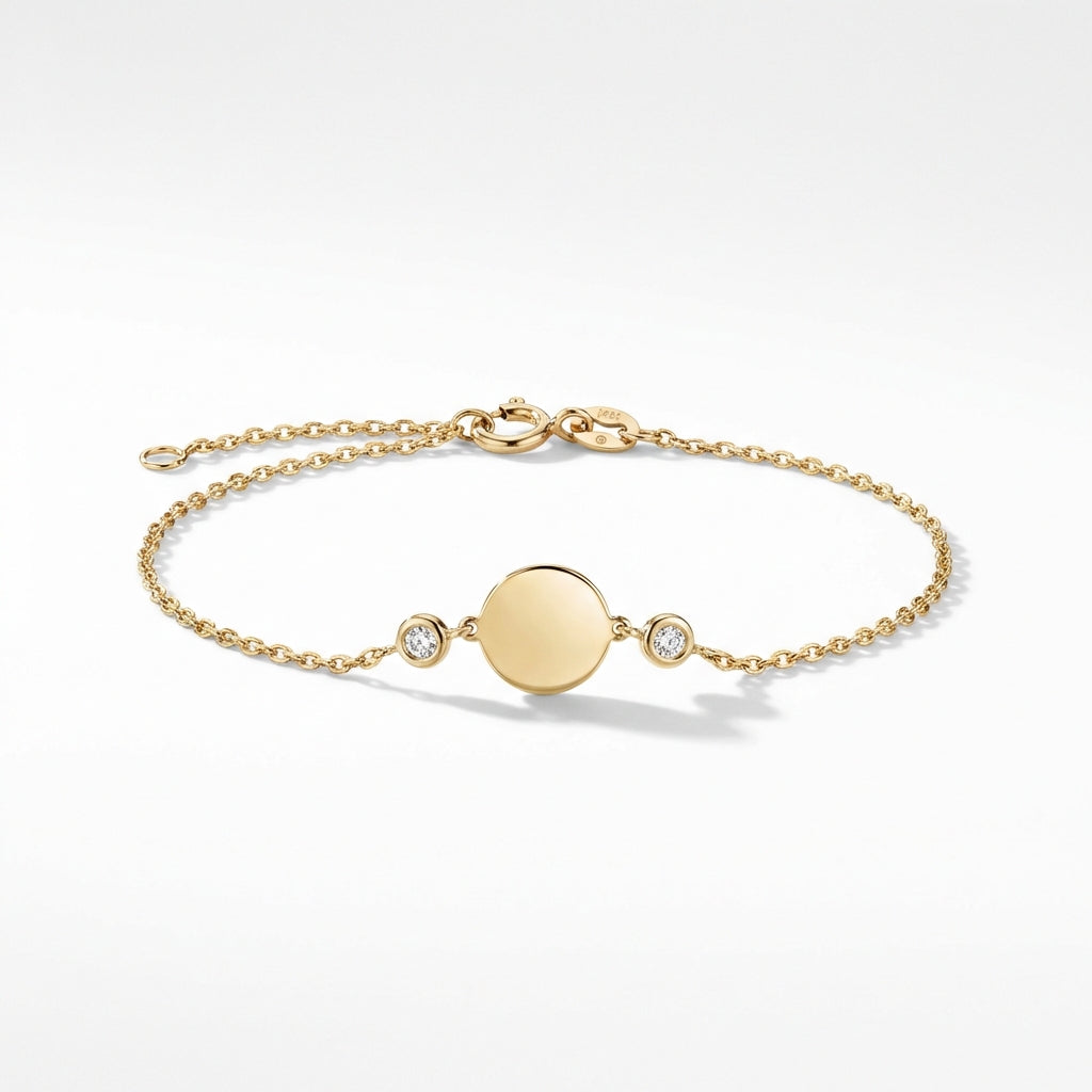 Single Disk Shaped Bracelet with Side Bezel Diamonds in Gold 14Kt
