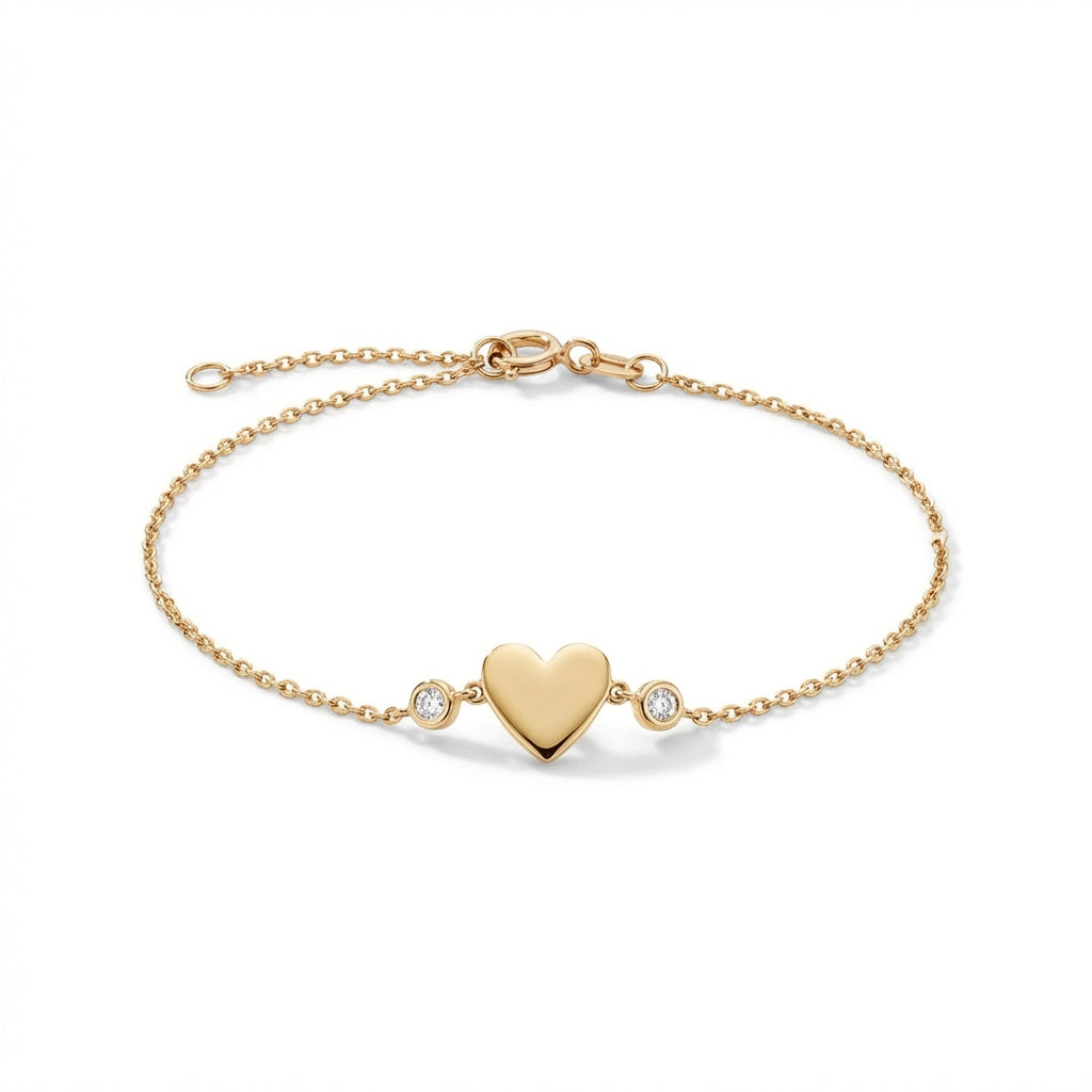 14K Gold Single Heart Bracelet with Bezel Set Diamonds