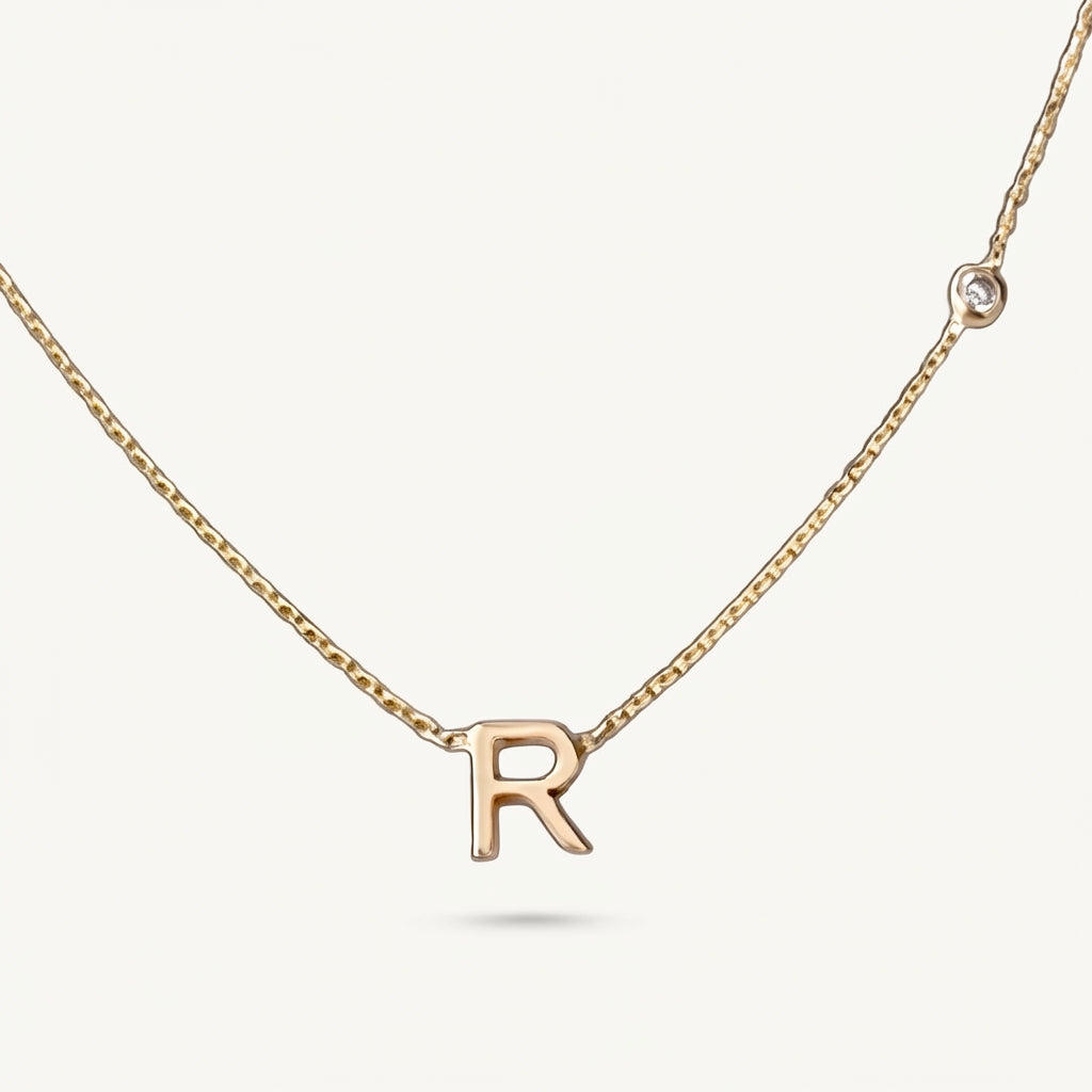 14K Gold Slim Initial Necklace with Side Bezel Diamond