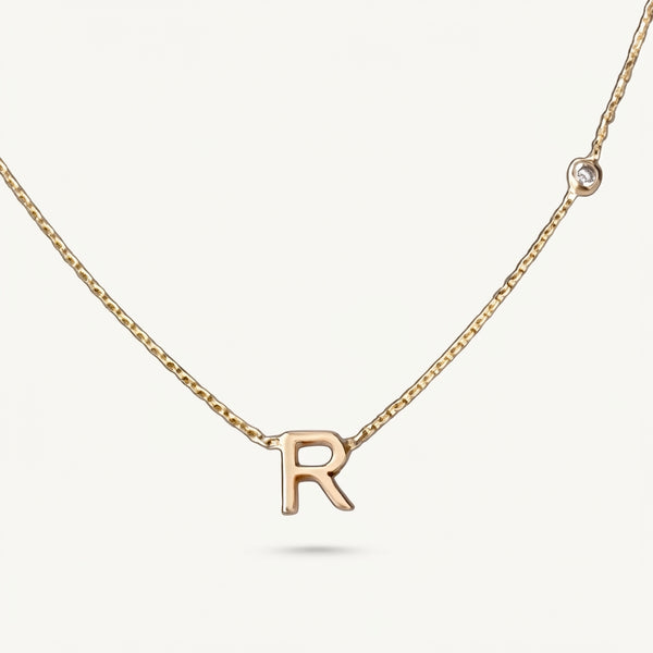 14K Gold Slim Initial Necklace with Side Bezel Diamond