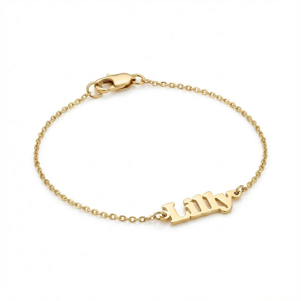 Gold block name bracelet for kids product photo by Morelove Designs