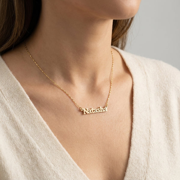 Gold block name necklace, custom personalized jewelry for adults, luxury everyday wear. photography by Morelove Designs
