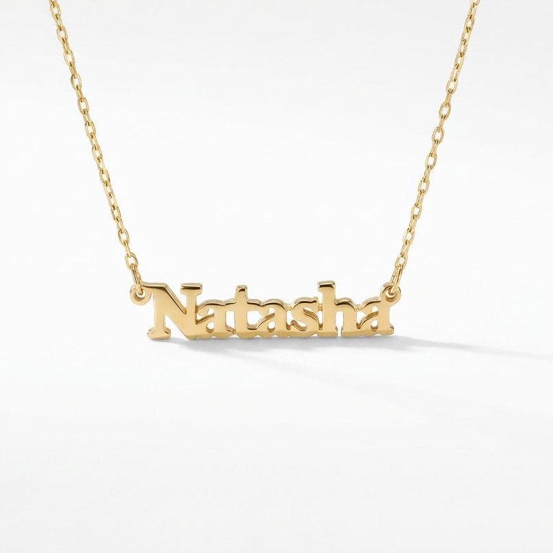 Gold block name necklace, custom personalized jewelry for adults, luxury everyday wear. product photo by Morelove Designs