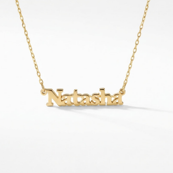 Gold block name necklace, custom personalized jewelry for adults, luxury everyday wear. product photo by Morelove Designs