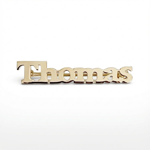 Personalized 14K gold block name safety pin, custom baby jewelry gift. product photo by Morelove Designs