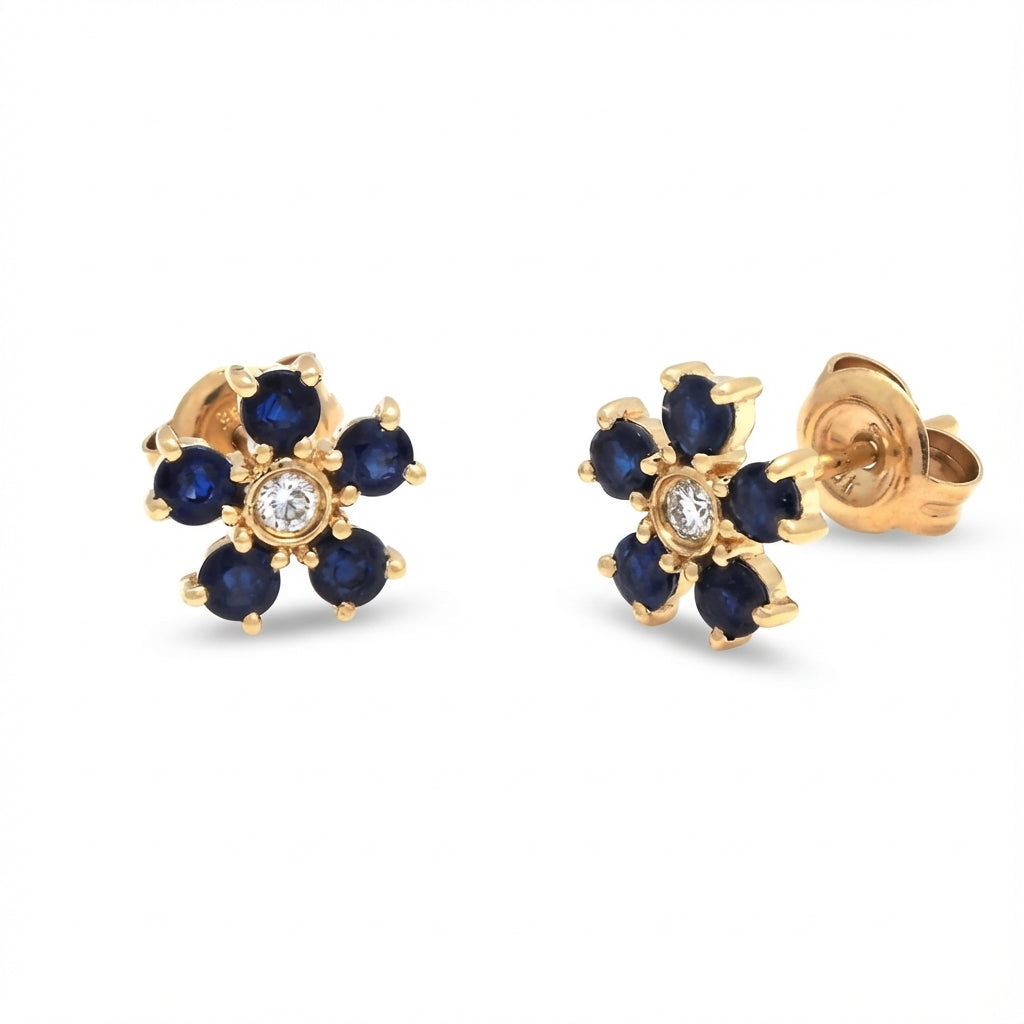 Blue sapphire flower stud earrings 14Kt gold with diamond center product photo by Morelove Designs