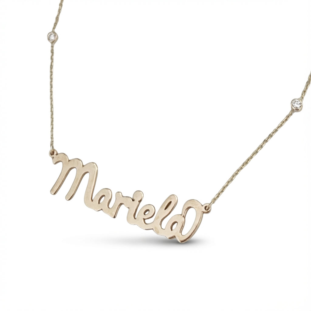 14Kt gold script name necklace with side diamonds product photo by Morelove Designs