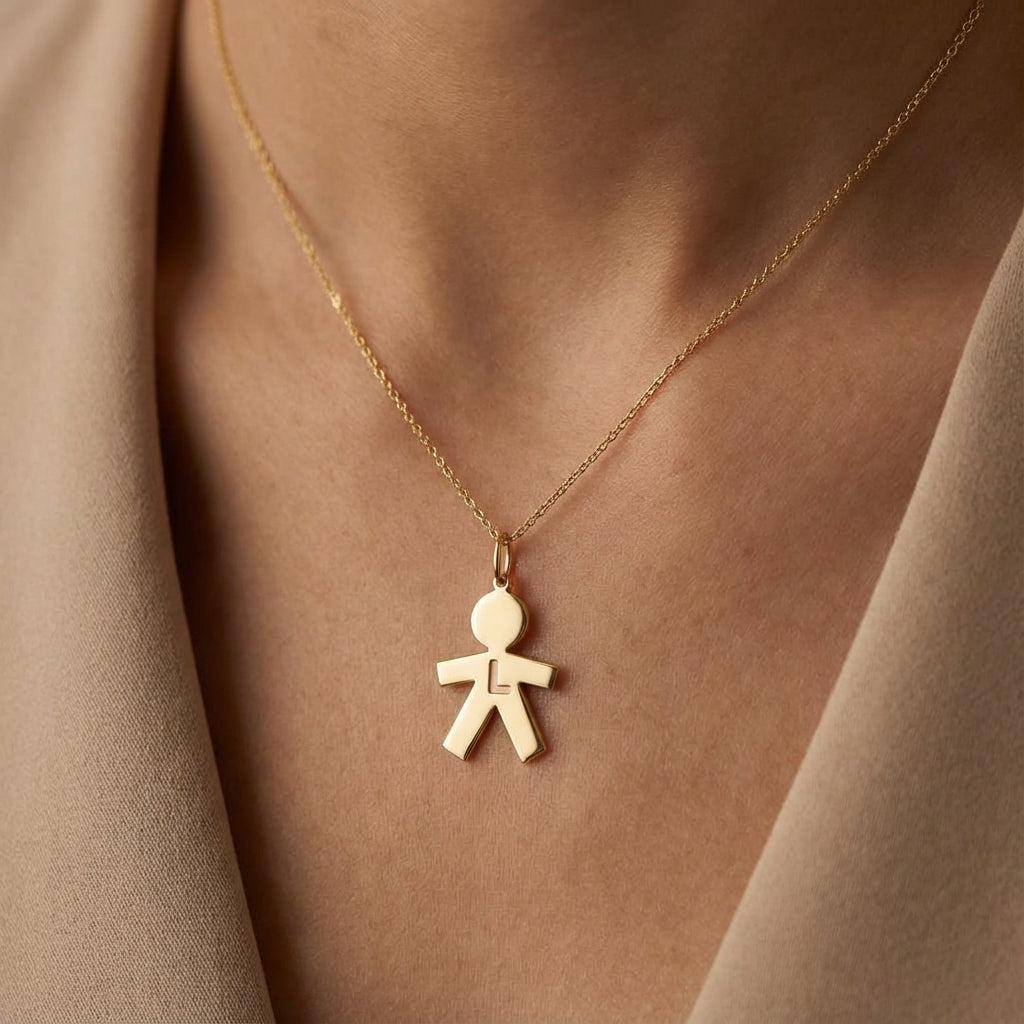 Gold 14Kt boy charm with L initial, personalized jewelry pendant. product photo by Morelove Designs
