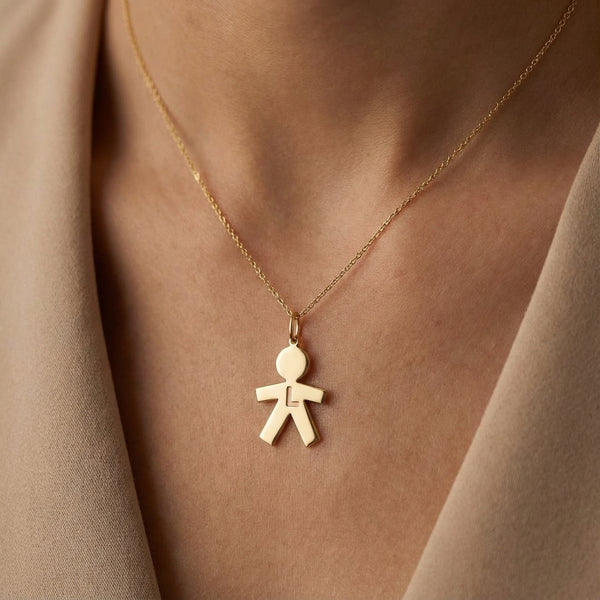 Gold 14Kt boy charm with L initial, personalized jewelry pendant. product photo by Morelove Designs