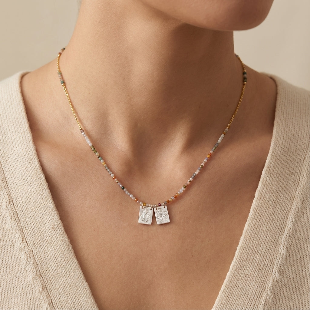 Colorful beaded gold plated silver scapular necklace for adults photography by Morelove Designs