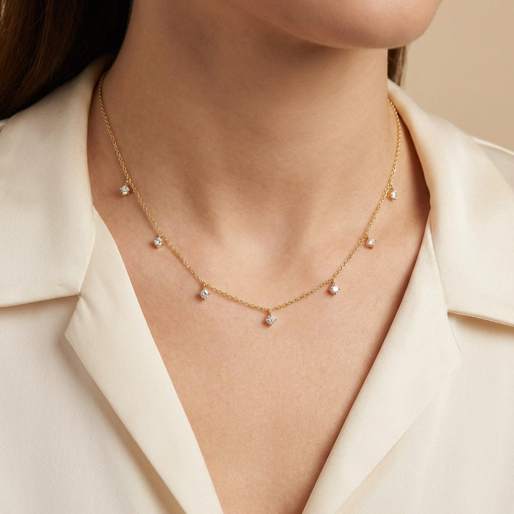 14Kt gold dangle necklace with 0.12cts diamonds, delicate fine jewelry for women photography by Morelove Designs