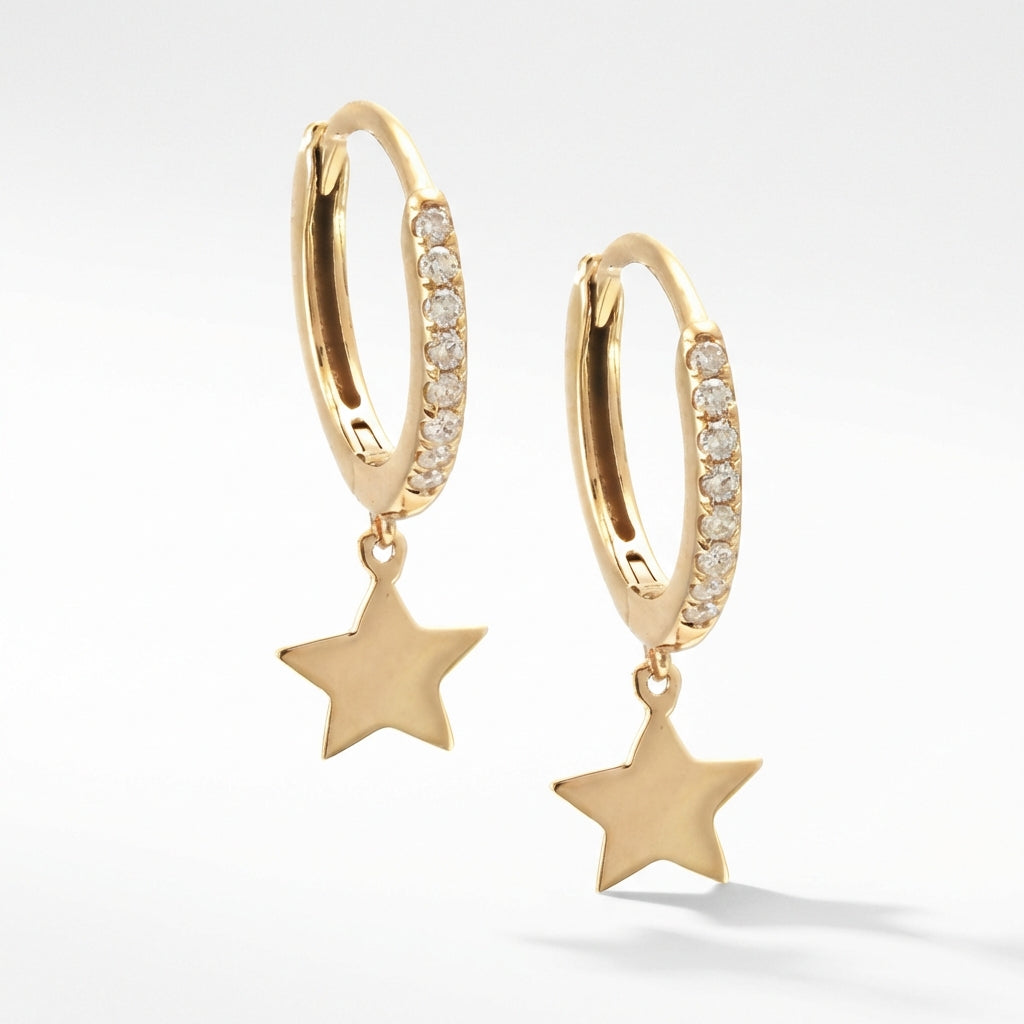 14kt gold huggie earrings with diamond accents and star charm for adults product photo by Morelove Designs