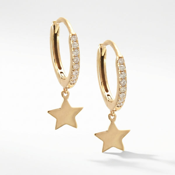 14kt gold huggie earrings with diamond accents and star charm for adults product photo by Morelove Designs