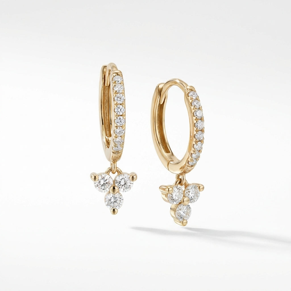 Gold diamond huggie earrings with trio charm for adults product photo by Morelove Designs