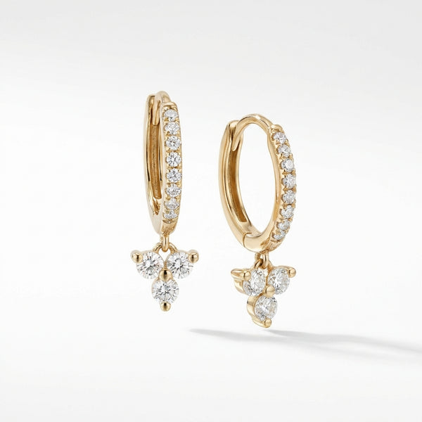 Gold diamond huggie earrings with trio charm for adults product photo by Morelove Designs