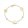 14Kt gold bracelet with three heart charms and two bezel-set diamonds, dainty luxury jewelry for women. product photo by Morelove Designs