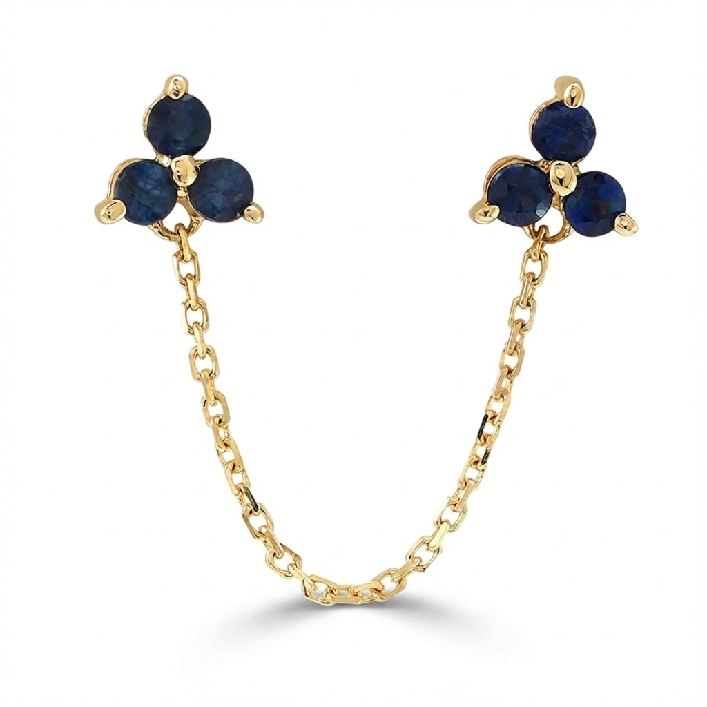 Gold 14Kt chain drop earrings with blue sapphire trio, fine jewelry for adults product photo by Morelove Designs