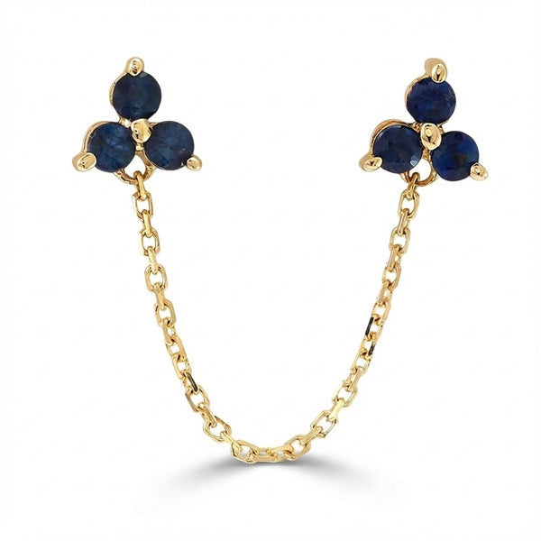 Gold 14Kt chain drop earrings with blue sapphire trio, fine jewelry for adults product photo by Morelove Designs