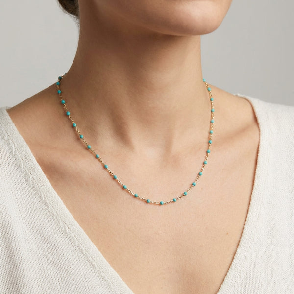 14kt gold chain necklace with turquoise enamel beads photography by Morelove Designs