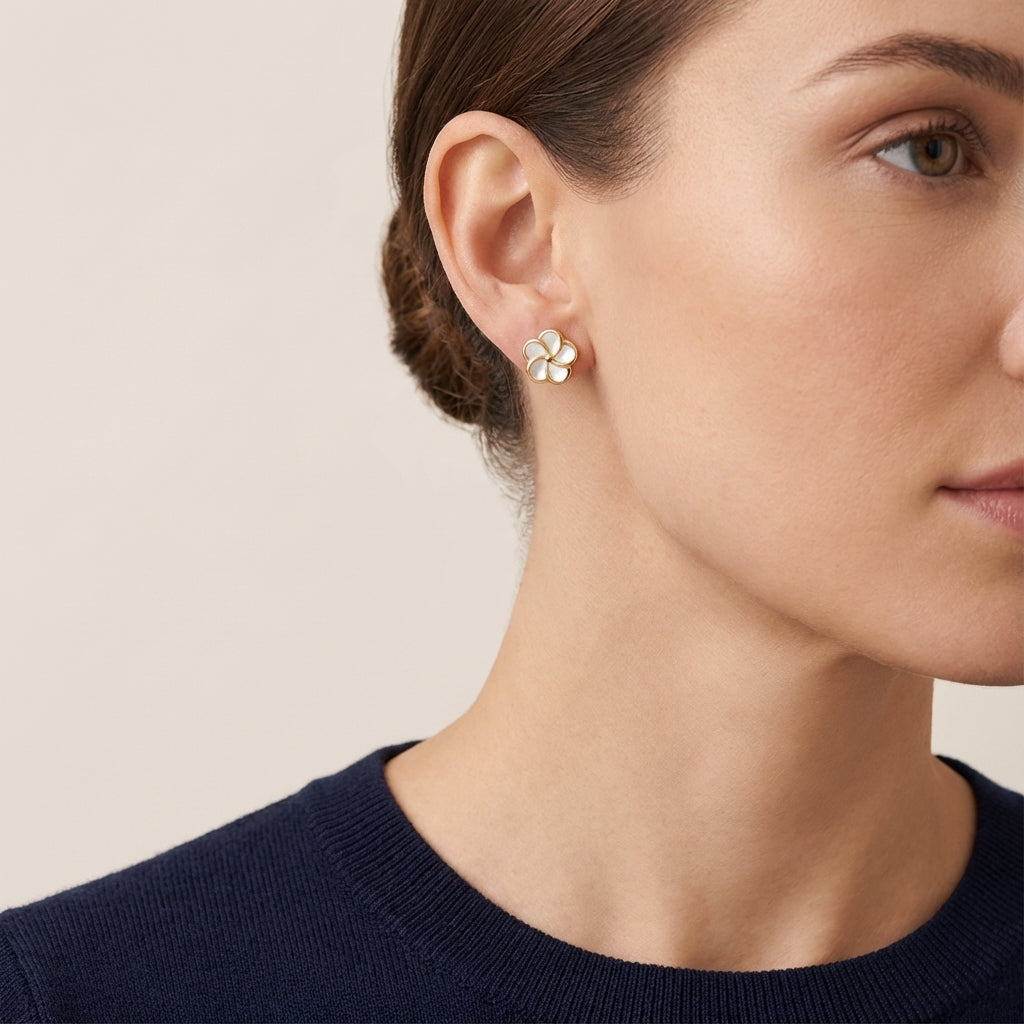 14Kt gold flower stud earrings with mother of pearl screw backs photography by Morelove Designs