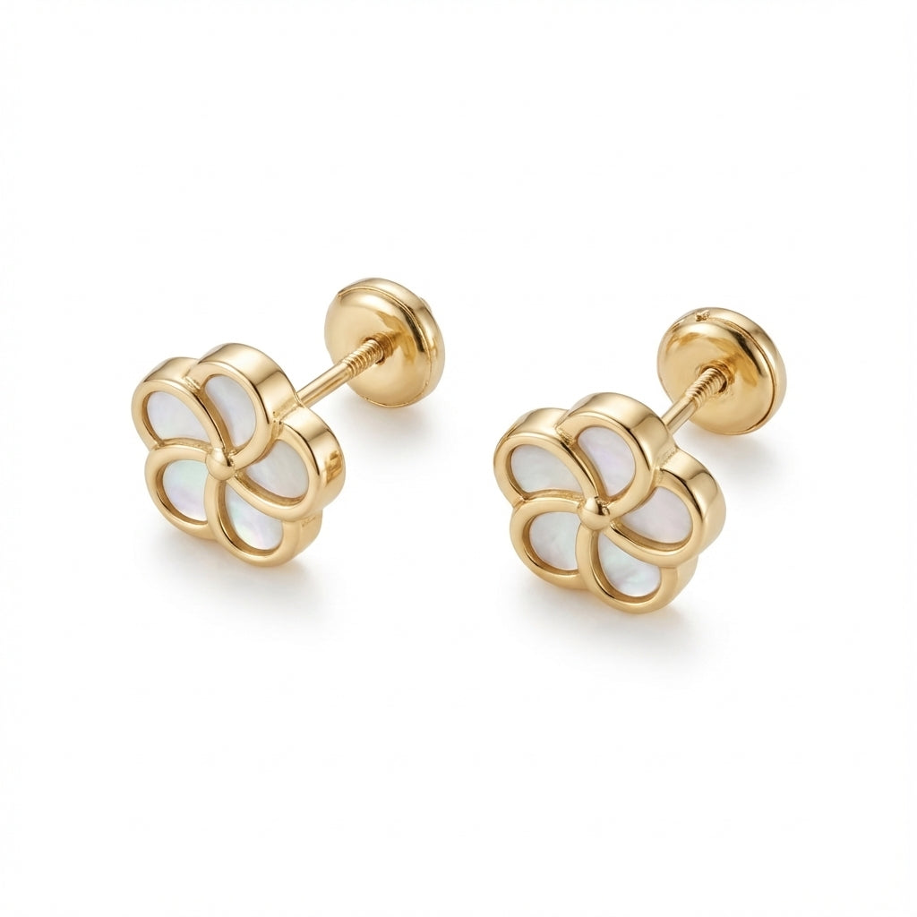 14Kt gold flower stud earrings with mother of pearl screw backs product photo by Morelove Designs