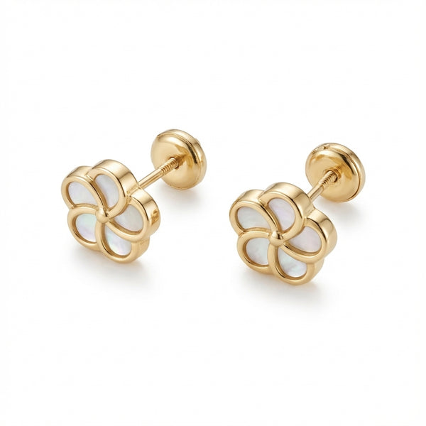 14Kt gold flower stud earrings with mother of pearl screw backs product photo by Morelove Designs