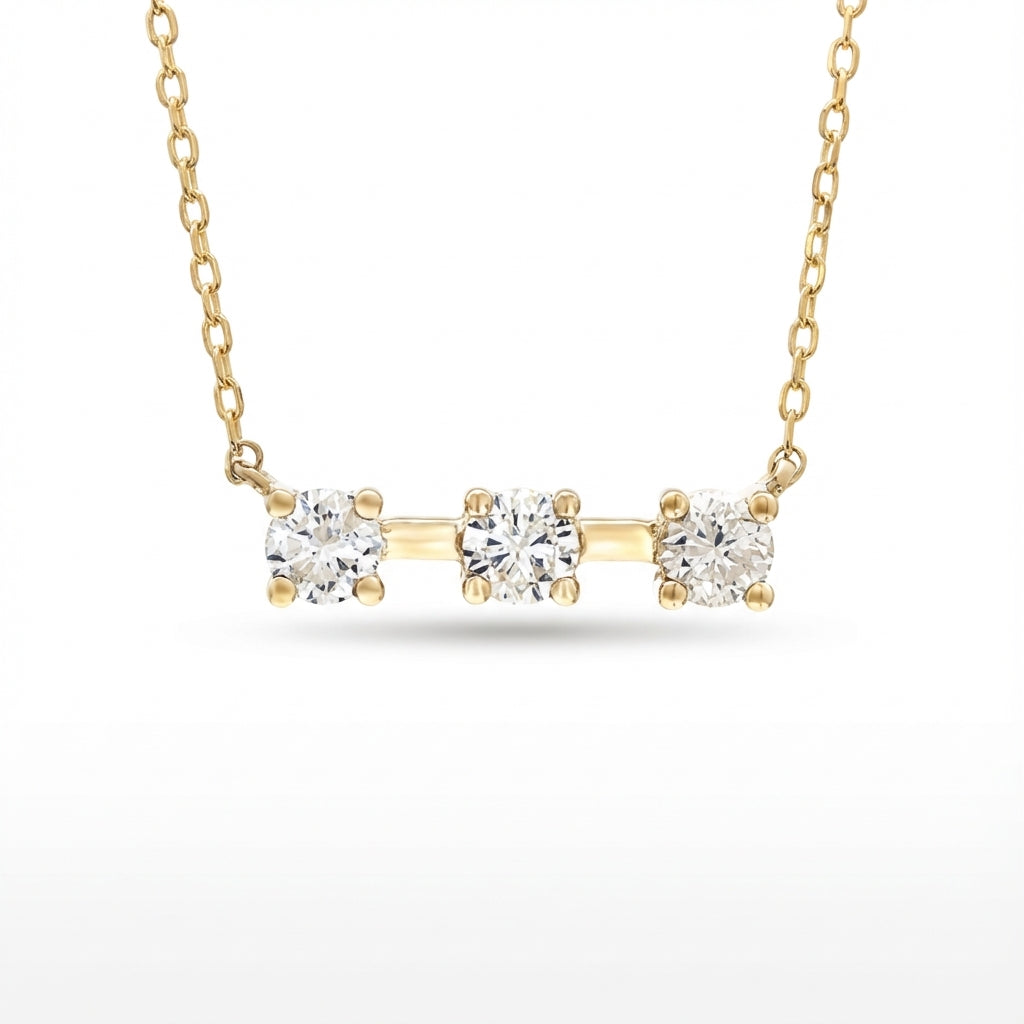 14K gold bar necklace with three round prong diamonds, delicate fine jewelry for women product photo by Morelove Designs