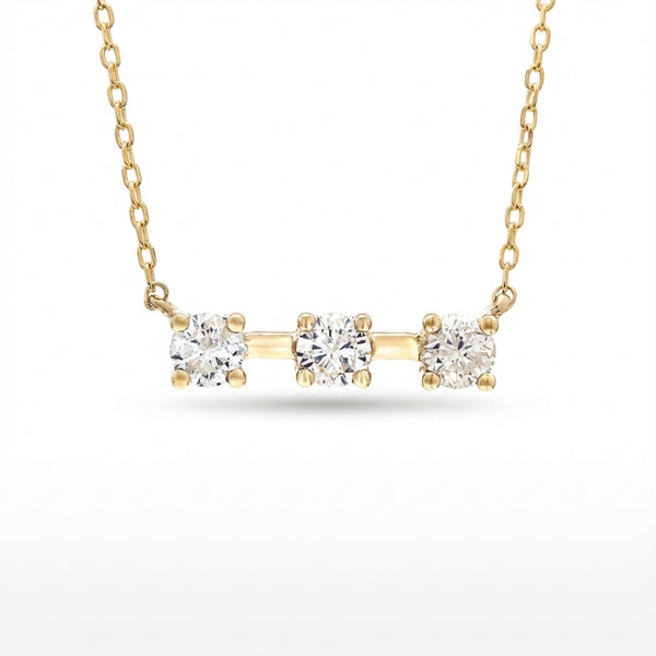 14K gold bar necklace with three round prong diamonds, delicate fine jewelry for women product photo by Morelove Designs