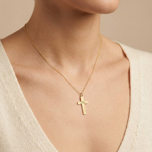 14Kt Gold flat slim cross charm, engravable religious pendant for adults, personalized luxury gold jewelry photography by Morelove Designs