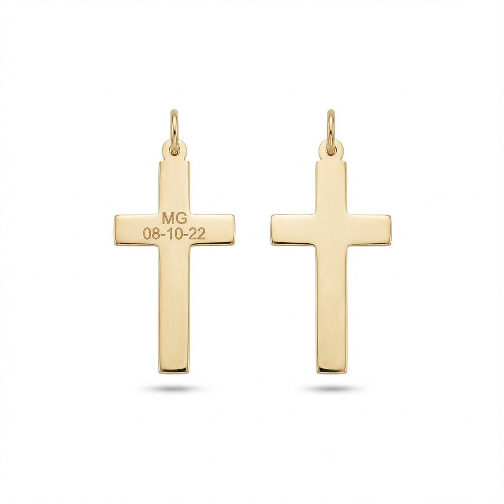 14Kt Gold flat slim cross charm, engravable religious pendant for adults, personalized luxury gold jewelry product photo by Morelove Designs