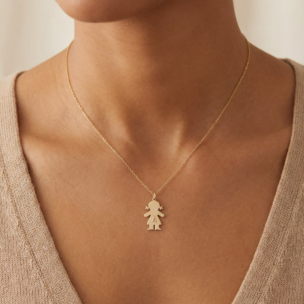 Gold 14Kt girl charm with initial A, personalized children's jewelry pendant photography by Morelove Designs