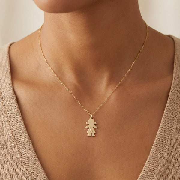 Gold 14Kt girl charm with initial A, personalized children's jewelry pendant photography by Morelove Designs