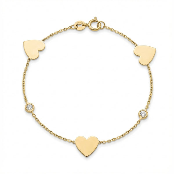14Kt gold bracelet with three heart charms and two bezel-set diamonds, dainty luxury jewelry for women. product photo by Morelove Designs
