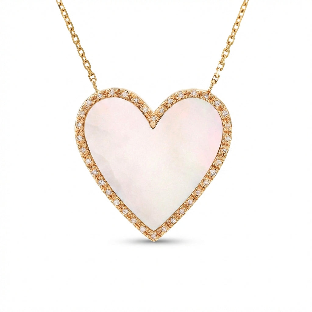 14Kt gold heart necklace mother of pearl diamond accents product photo by Morelove Designs